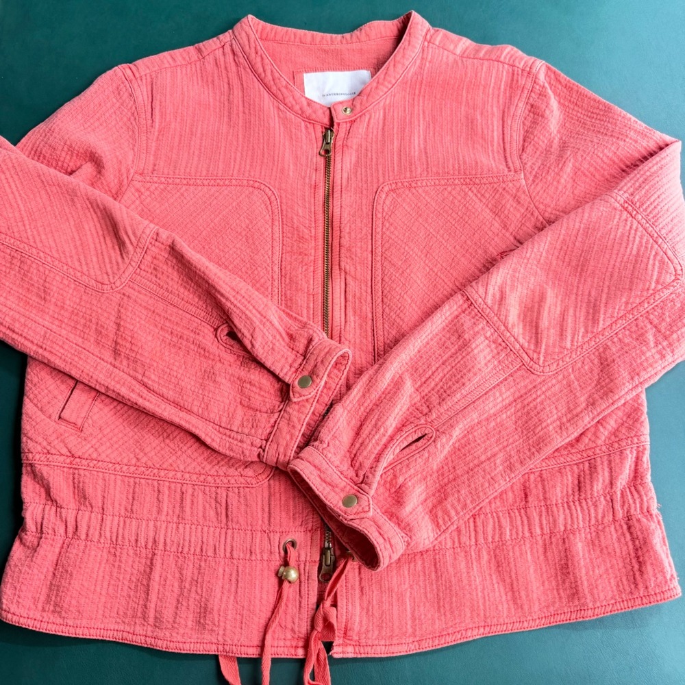 Anthropologie Coral Pink Quilted Utility Bomber Jacket Large Cotton Coastal Boho - Picture 5 of 7
